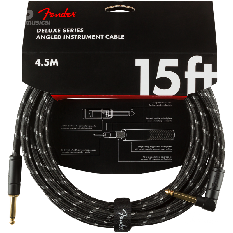 Fender 0990820085 Deluxe Series Instrument Cable Straight/Angle 15' Black Tweed - JP Musical